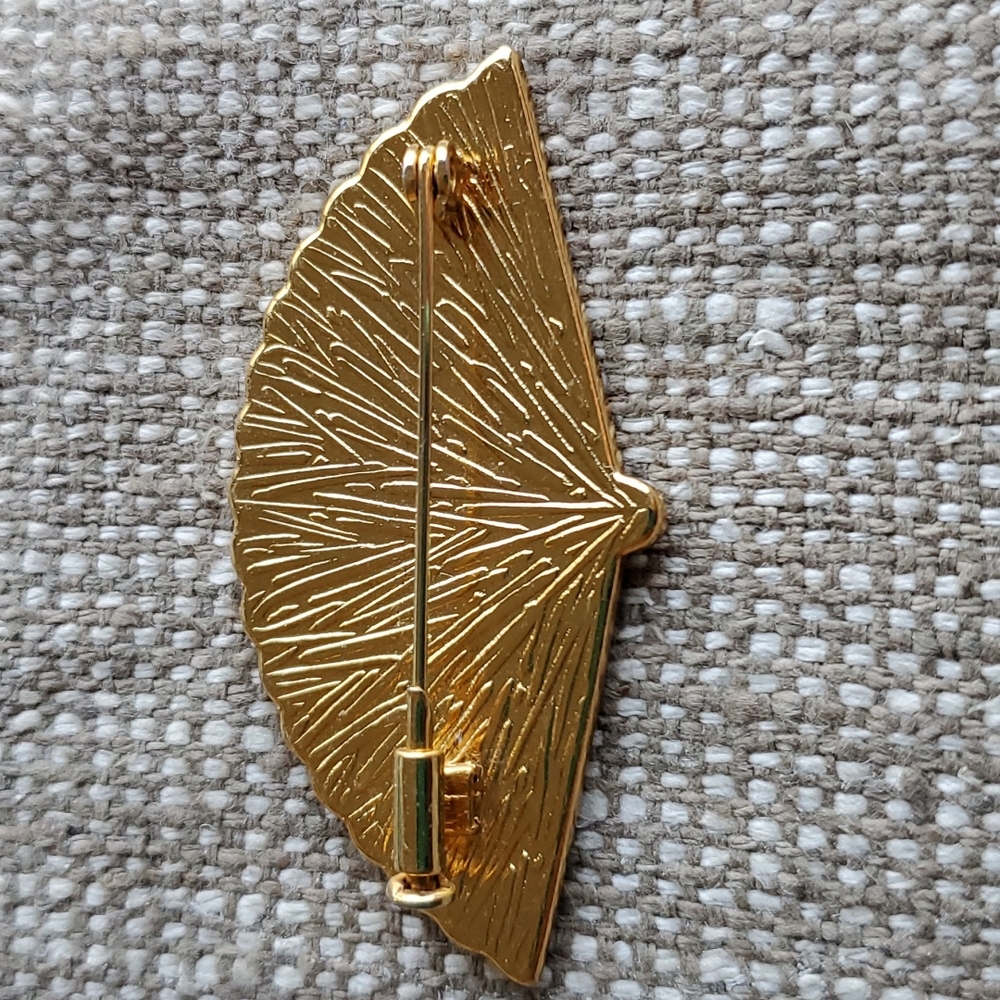 Antique Spanish Damascus 24k gold inlay craft bird fan brooch - Picture 2 of 6